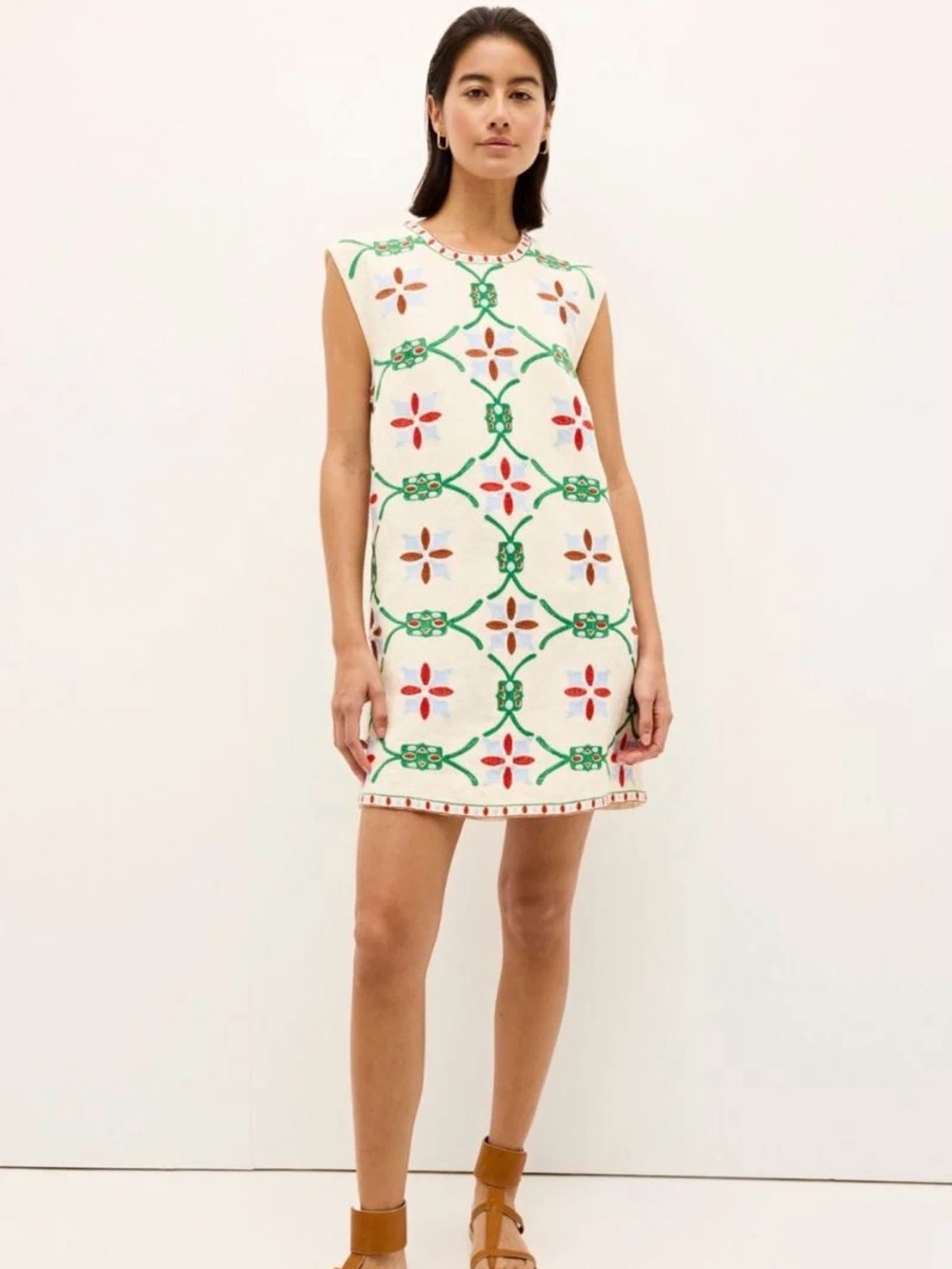 Marie Oliver Cream Shift Dress with Green & Red Embroidered Motif